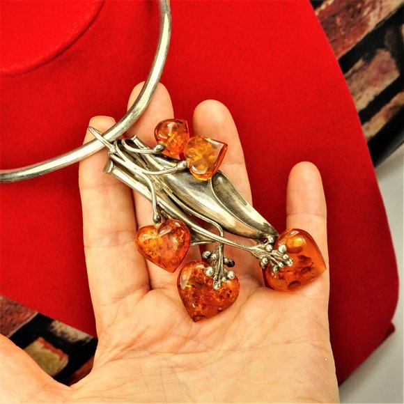 MASSIVE AMBER STERLING PENDANT & BROOCH WITH OMEGA WIRE NECKLACE, RARE JEWELRY - Picture 9 of 16